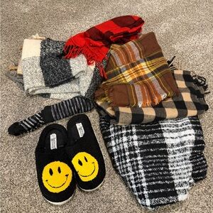 EUC Lot of 5 Scarfs Smiley Face Slippers soft cute warm large slippers
